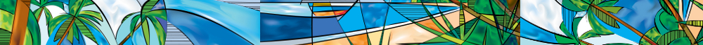 Stained glass abstract evoking a tropical beach with vivid ocean colors, sailboats, and lush palm trees