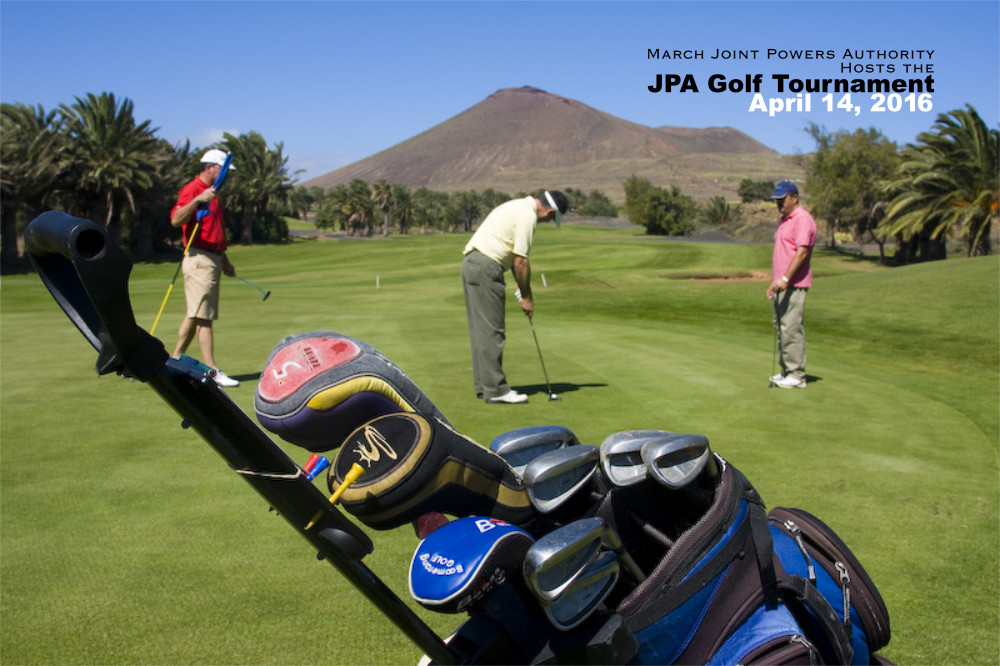 Three men putting on a beautiful desert course