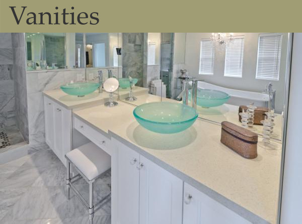 A serene bathroom counter with blue glass bowl sinks