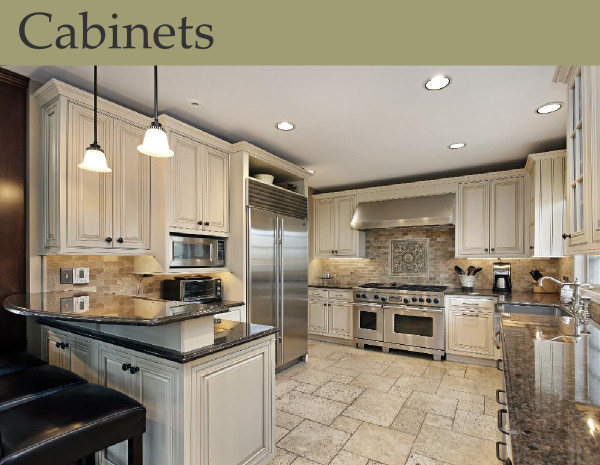 An elegant kitchen with white wood cabinets