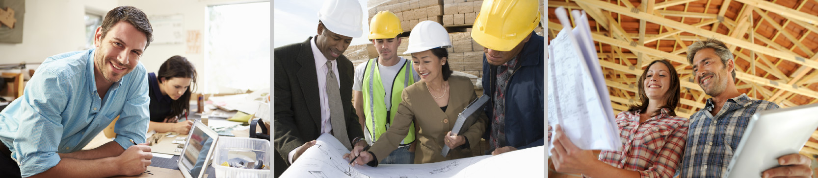 Three photos: a smiling designer in shirtsleeves, pros at a jobsite, and a happy pair of architects