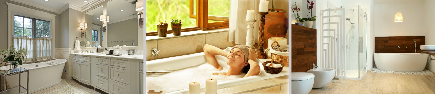 Three photos: a classic bathroom in shades of white, a woman smiles blissfully in her bathtub, a modern bathroom with white fixtures and a glass shower