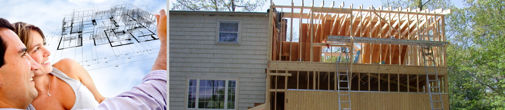 Two photos: a couple dreams about their home plan, and an established house gets a new room