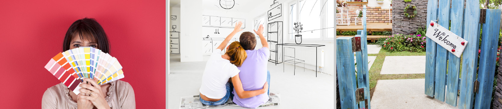 Three photos: a stunning living room in crisp whites, a lovely mother and daughter laughing, a kitchen showplace with warm woods and stainless steel