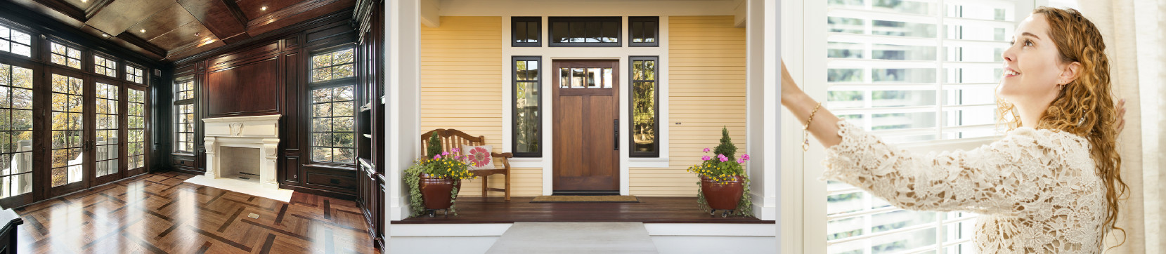 Three photos: a sumptuous library with floor-length paned windows, a charming entry door and window combination, an ethereal woman gazes through her shutters