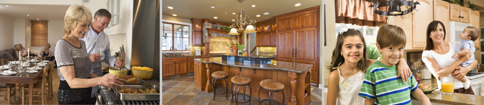 Three photos: a couple cooks for a dinner party, a warm kitchen in woodsy tones, a family having breakfast