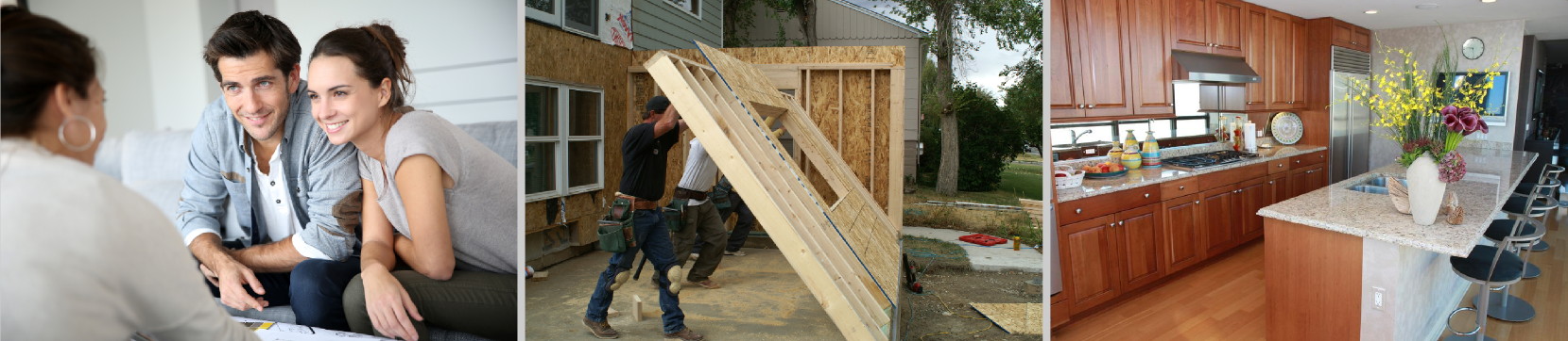 Three photos: a young couple go over plans with an architect, builders begin framing on a room addition, a rich wood kitchen with golden accents